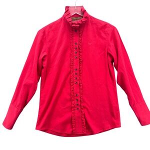 King Ranch Women Red Ruffle Western Blouse Long Sleeve Cotton Shirt Size S Rodeo
